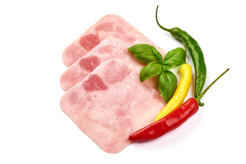 Boiled Ham Slices, top view, isolated on white background