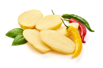Boiled potato pieces, close-up, isolated on white background