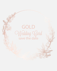 Vintage boho flowers wreath decor Vector line art. Golden glossy structure. Hand made designs