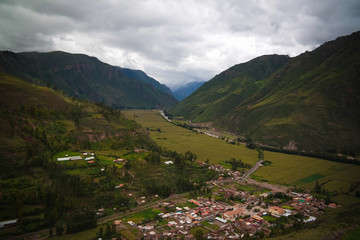 Aerial Landscape panoramic view to Urubamba river and sacred valley from Taray viewpoint near Pisac, Cuzco, Peru