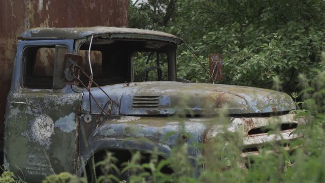 Truck in the forest in Pripyat. Chernobyl nuclear disaster. Zil 130. Chernobyl, exclusion zone.