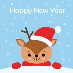 merry christmas card with cute dear wearing a winter scarf. vector illustration