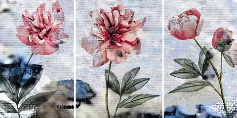 Sammlung von Designer-Ölgemälden. Dekoration für den Innenraum. Moderne abstrakte Kunst auf Leinwand. Reihe von Bildern mit unterschiedlichen Texturen und Farben. Pfingstrosen auf graublauem Hintergrund. © Erenai
