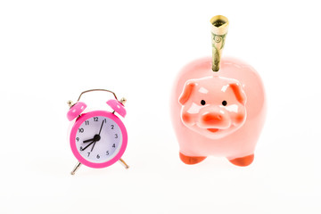 Economics and finance. Financial crisis. Credit debt. Bankruptcy and debt. Pay for debt. Bank collector service. Banking account. It is time to pay. Piggy bank stuffed dollar cash and alarm clock