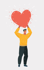 Man with big red heart in hands.