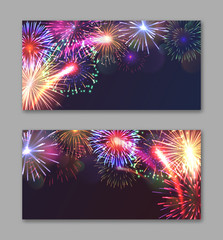 Celebration party horizontal flyers with fireworks lights series. Abstract colored fireworks background with free space for text. Realistic firecrackers flashes on dark backgroun vector illustration