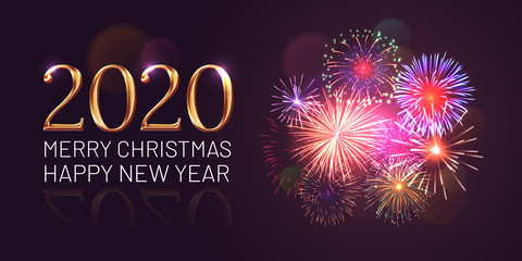 Merry Christmas and Happy New Year greeting card with realistic multicolor fireworks. Brightly shining fireworks flash on dark background. Traditional winter holiday banner vector illustration.