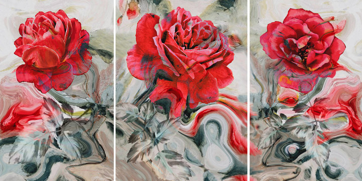 Collection of designer oil paintings. Decoration for the interior. Modern abstract art on canvas. Set of pictures with different textures and colors. Red rose.