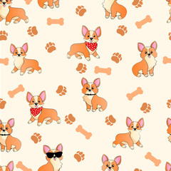 Naklejka premium Corgi with paws and bones funny hand draw cartoons seamless pattern. Dogs in scarf and sunglasses kids doodle repeater backgrounds for textile, postcard, wallpaper, gift wrapp or another your design