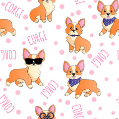 Corgi in sunglasses and scarf with dots background funny cartoons hand draw seamless pattern. Dogs kids doodle repeater background for textile, gift wrapp, wallpaper or another design