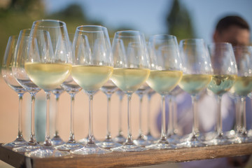 Glasses of wine prepared for a party and tasting in honor of the harvest festival