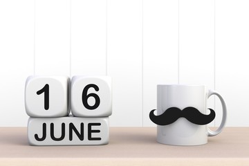 Happy Father’s Day message, Close up of coffee with mustache on white wood background, Copy space, 3d rendering