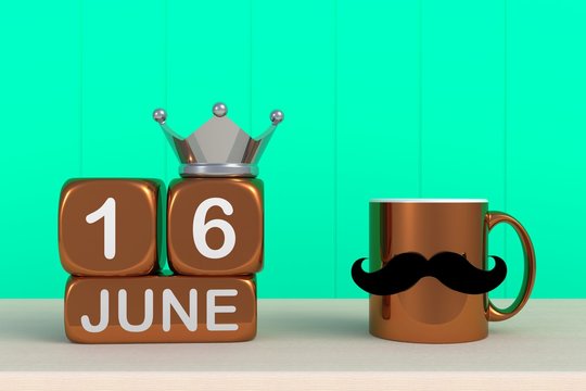 Happy Father’s Day message, Close up of coffee with mustache and crown on green wood background, Copy space, 3d rendering