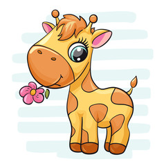 Giraffe baby with bird and flower cute print. Sweet tiny friends on striped