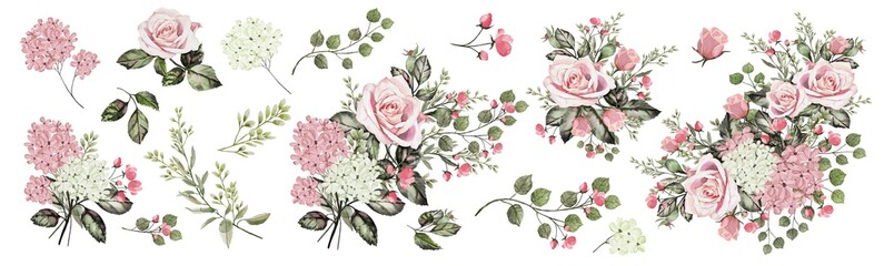 Drawing with watercolor Bouquet of roses and buds. Botanical illustration. Composition of pink roses and garden herbs.