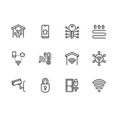 Smart home system icon simple symbols set. Contains icon smartphone, mobile app, heating, temperature, lighting, video surveillance, security, online notification, wi fi, camera and other.