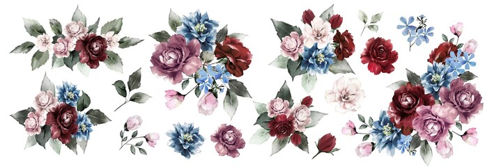 Flower set. Blue flowers,pink and Burgundy roses,twigs,leaves,rose composition, flower frame with roses . Watercolor invitation design.Postcards with flowers. Wedding. - 277320766