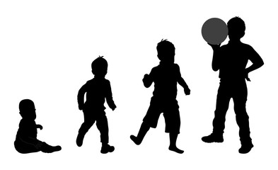 Set of black silhouette of child, baby boy on white background.