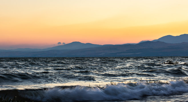 Sunset over see of galilee landscape