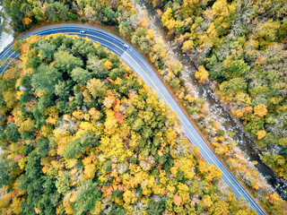 Scenic Mohawk Trail winding highway at autumn, Massachusetts, USA. Fall in New England. Aerial drone shot.