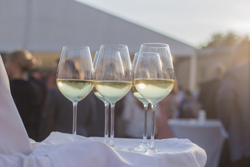 A waiter holds a tray with glasses of wine for a party and a tasting in honor of the harvest festival. Catering service.