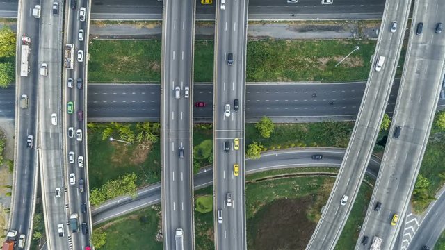  Aerial view Traffic on roads and expressways During the daytime in Thailand, the view of the congested traffic Exotic view of car movement on the road.