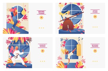 Set with large landing page templates with girls doing martial arts training. Aikido, boxing, kickboxing, karate exercises in front of windows, decorated with greenery, drawn with bright gradients © yokunen