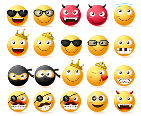 Emoticon vector set. Smiley face and yellow emoji of king and queen wearing crown, ninja and bearded pirate with bad devil smiley face in red isolated in white background. Vector illustration. © AmazeinDesign