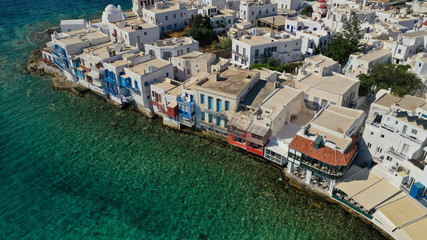 Fototapeta na wymiar Aerial view of iconic colourful white washed picturesque little Venice in old town of Mykonos island chora, Cyclades, Aegean, Greece