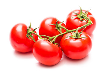A bunch of ripe tomatoes on a green branch. Isolate on white background