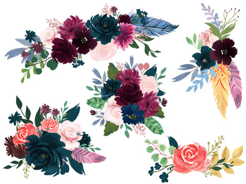 Watercolor Bohemian floral composition Pink wine Marsala and Navy blue Floral Bouquet