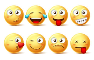 Fototapeta premium Smiley face vector set. Smileys yellow emoji with happy, funny, kissing, laughing and tired facial expressions isolated in white background for design elements. Vector illustration.