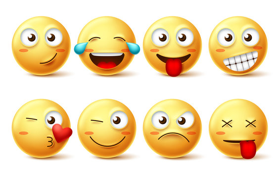 Smiley face vector set. Smileys yellow emoji with happy, funny, kissing, laughing and tired facial expressions isolated in white background for design elements. Vector illustration.