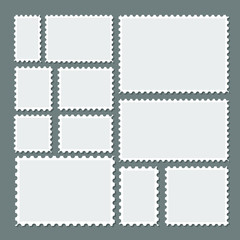 Postage stamps frames set on background. Toothed border stickers in different size.