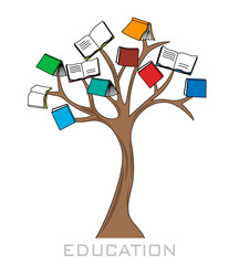 education card. Tree with books hanging from the branches
