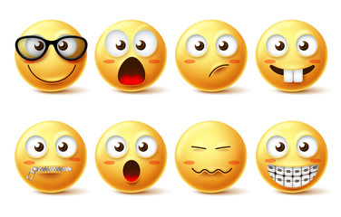 Smiley face vector icon set. Smiley face funny emoticons with eyeglasses, zipped mouth and teeth braces facial expressions isolated in white for design elements. Vector illustration.