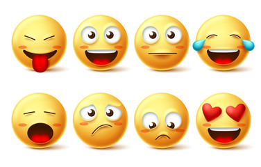 Smileys vector icon set. Emoticons and funny smiley face with happy, sad, inlove and naughty facial expressions isolated in white for design elements. Vector illustration.