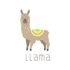 Hand drawn brown llama with patterned fringed blanket. Cute furry llama or alpaca animal vector illustration with writing llama. Isolated.