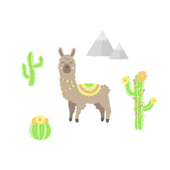 Hand drawn llama collection. Brown llama or alpaca with patterned fringed blanket. Cute vector illustrations of llama animal, cactus plants and mountains. Isolated.