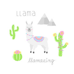 Llama hand drawn collection. White llama or alpaca with patterned fringed blanket. Cute vector illustrations and writings of llama animal, cactus plants and mountains. Isolated.