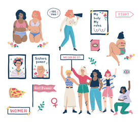Feminism set. Idea of equal rights and body positive