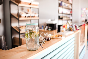 Lemonade pot in cafe closep. Summer refreshments.