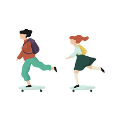 Little school kids riding on the skateboard to the school