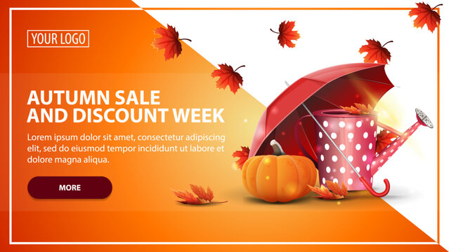 Autumn sale and discount week, discount web banner template for your website in a modern style with garden watering can, umbrella and ripe pumpkin