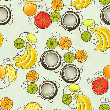 Hand drawn pattern with bananas, coconuts, pineapples. Seamless summer background.