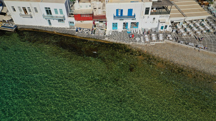 Fototapeta premium Aerial drone photo of iconic colourful white washed and picturesque little Venice in main town of island of Mykonos, Cyclades, Greece