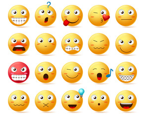Fototapeta premium Emoji vector icon set. Smiley face or yellow emoticons with various facial expression like angry face, smiling teeth and confused isolated in white background. Vector illustration.