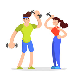 Man and woman doing sport exercise with a dumbbell