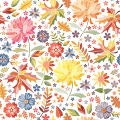 Fototapeta na wymiar Bright embroidery with autumn flowers and leaves on white background. Colorful seamless pattern with embroidered print.