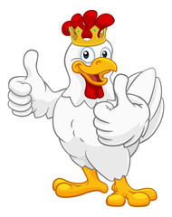 A chicken rooster cockerel bird cartoon character in a kings gold crown giving a double thumbs up